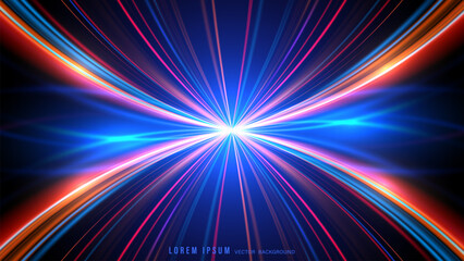 Fototapeta premium Dynamic high-speed zoom vector background with converging red and blue neon light rays