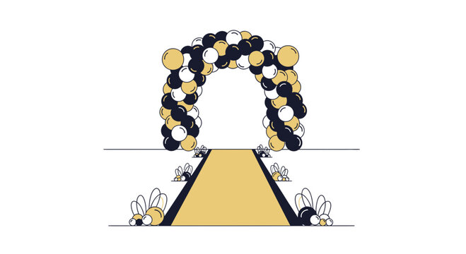Golden Archway with Balloons, Yellow Carpet, and Decorative Elements