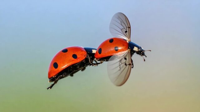 Two Ladybugs Flying Together Close-up Macro Shot of Red Insects with Black Spots and Wings in Flight