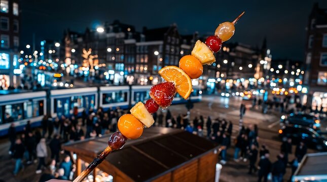 Candied fruit skewer at a vibrant night market in the city