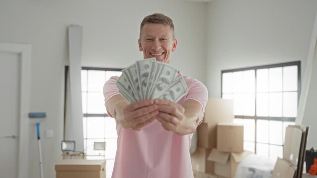 Man holding dollars, hands fanned showing cash among moving boxes inside a building; celebration wealth.