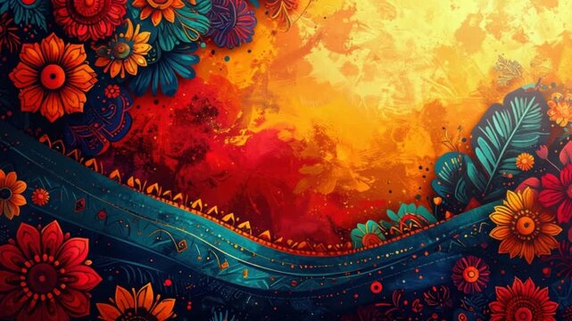Vibrant abstract floral background with warm colors and decorative border design