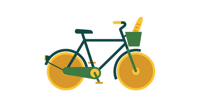 Whimsical bicycle with orange wheels and bread basket illustration.