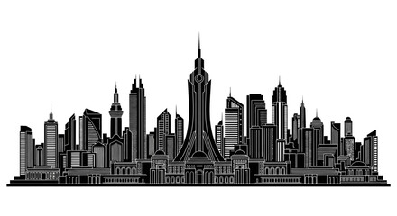 Obraz premium Black and White City Skyline Silhouette Vector Illustration
