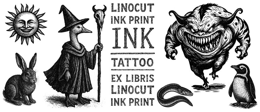 Angry sun, rabbit, duck, monster, penguin, eel, tattoo, print, linocut stamp, ex libris, ink