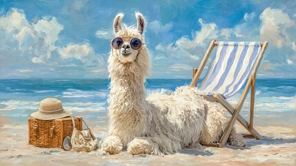 Fototapeta premium Funny white llama wearing stylish round sunglasses relaxing on a sunny tropical beach during summer vacation