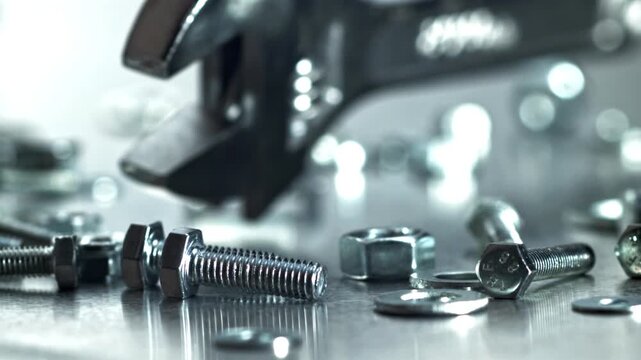 Closeup wrench over nuts and bolts on reflective bench, tightening Filmed on a high-speed camera at 1000 fps.