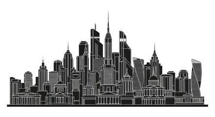 Fototapeta premium Black and white city skyline silhouette with modern skyscrapers