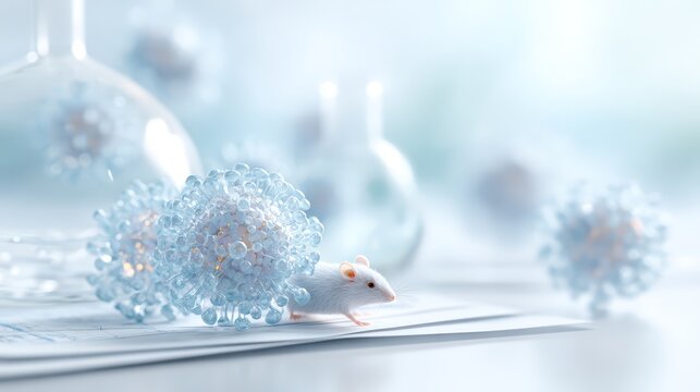 Zoonotic virus laboratory concept with white lab mouse and viral particles for medical editorial background and scientific article illustration