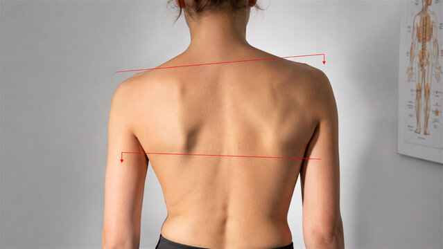 woman with scoliosis and uneven shoulder posture. Orthopedic medical examination of spine curvature in doctor office. Health assessment for diagnosis of back health problem condition
