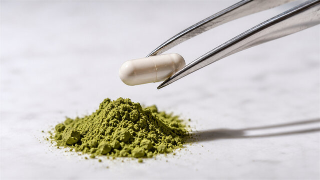 tweezers holding medicine capsule over heap of green herbal powder. Pharmaceutical laboratory research of dietary supplement. Organic superfood extract, health and wellness concept