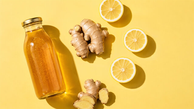 ginger tea in glass bottle beside fresh lemon slice and ginger root. Healthy organic herbal drink for immune system support. Natural beverage ingredient on yellow background studio shot
