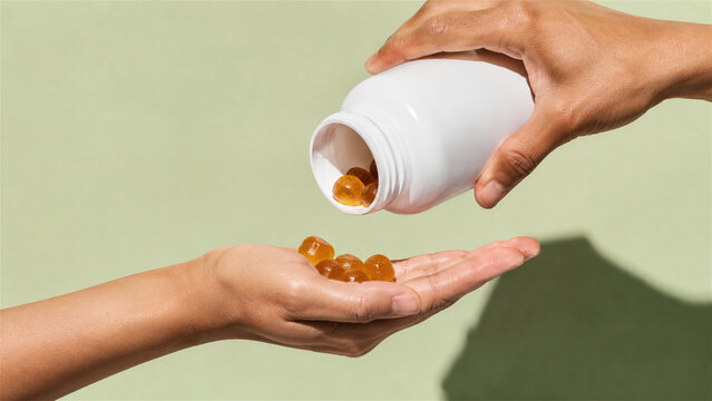 hand pouring gummy vitamin supplement from bottle to hand. Daily health care routine with nutrition and dietary supplement. Wellness habit for wellbeing and healthy lifestyle concept
