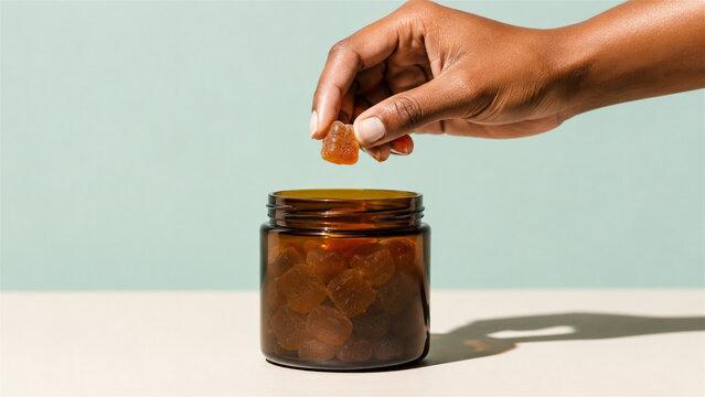 woman hand taking a brown gummy vitamin from a glass amber jar. Daily supplement and wellness routine. Healthy lifestyle habit, nutritional intake, pharmaceutical skincare and beauty
