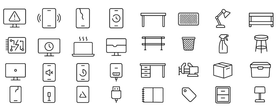Office electronics and furniture icons grid