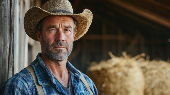 A serious farmer portrait with a rugged look, standing near a barn with hay bales in the background.