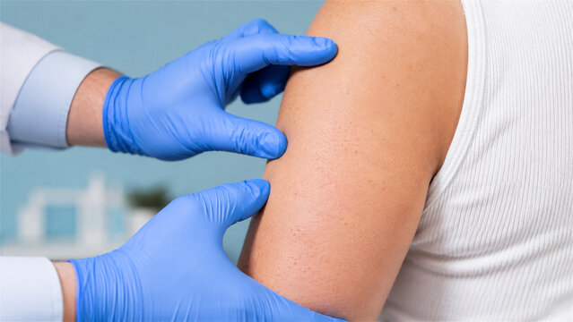 doctor wearing blue glove examining arm of woman before vaccination. Medical professional checking injection site. Healthcare concept, disease prevention, immunization and clinical procedure