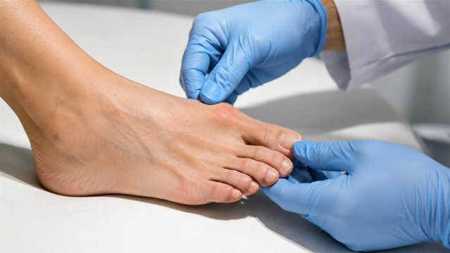 podiatrist examining foot of woman with bunion. Doctor checking joint inflammation and hallux valgus deformity. Professional medical diagnosis of painful toe problem in clinic