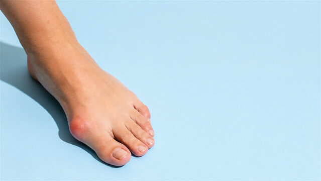 woman foot with bunion on blue background. Podiatry and medical concept. Close up view of hallux valgus deformity on big toe. Orthopedic health problem, joint pain and discomfort