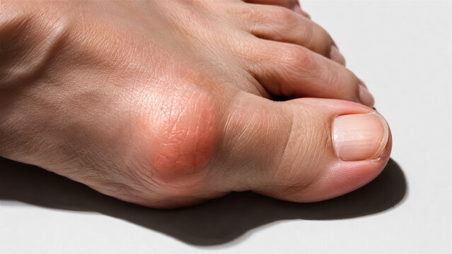 bunions on foot of woman representing hallux valgus deformity. Medical condition of toe joint inflammation causing pain and discomfort. Podiatry and orthopedic health care concept