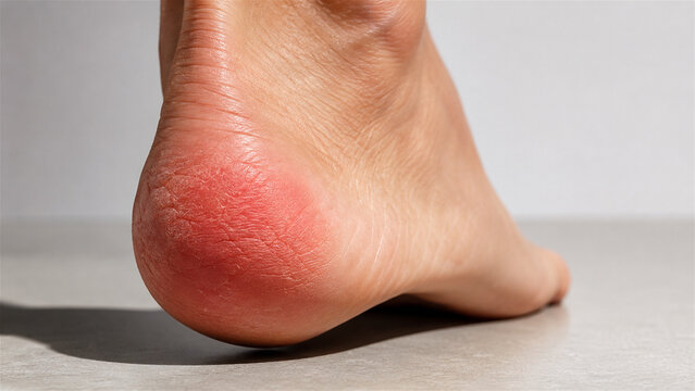 woman foot with cracked heel skin. Dry and flaky texture on human heel skin. Dermatology problem and skincare treatment concept. Health care and medical foot condition analysis