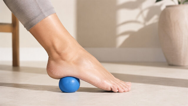 woman massaging foot with blue massage ball. Self care routine using exercise equipment for arch pain relief and muscle therapy. Physical therapy at home for healthy lifestyle concept