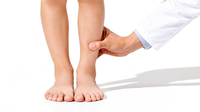 pediatrician examining child leg. Doctor checking calf of small kid. Medical checkup in clinic. Healthcare assessment of juvenile patient. Professional physical exam at hospital office