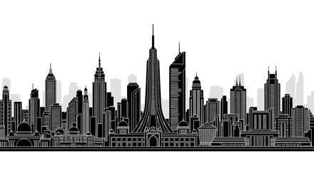 Fototapeta premium Black and White City Skyline Silhouette Vector Illustration