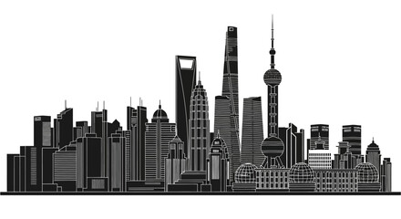 Obraz premium Shanghai city skyline silhouette, detailed black and white vector art