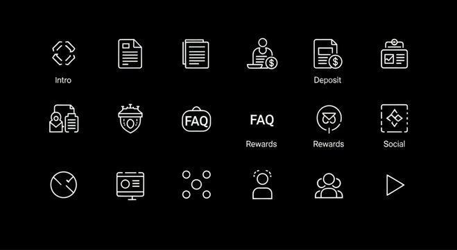 Modern UI Icons Set: Business, Technology, and Communication - White Line Art on Black