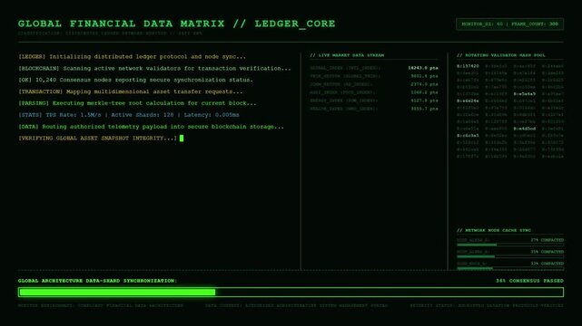 Global Financial Data Matrix Terminal Displaying Ledger Core Consensus Synchronization Status Progress Bar Green HUD UI Screen.