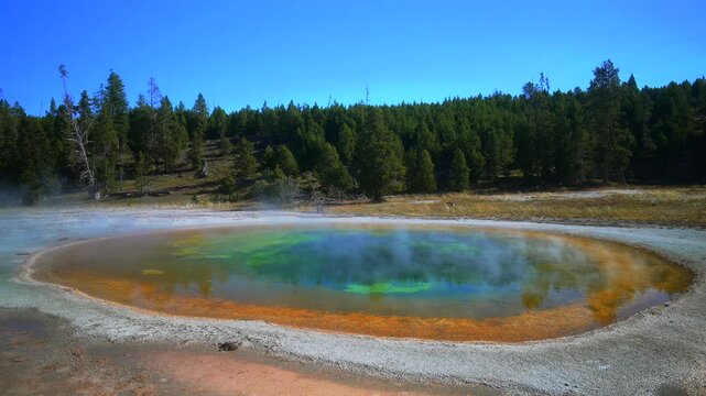 Opal Morning Glory Pool Grand Prismatic Spring Mid Geyser Basin Biscuit Basin Wyoming USA Yellowstone National Park colorful hot springs steaming thermal nature landscape blue sky clouds sunny static