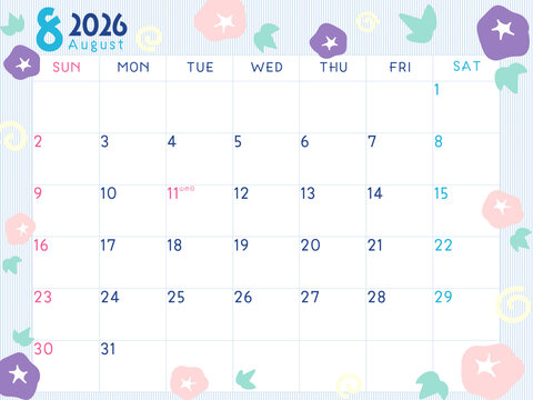 2026年8月のカレンダー 日本朝顔