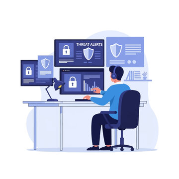 Flat vector illustration of a cybersecurity specialist monitoring multiple computer screens displaying network security threat alerts, data charts, padlock icons, and digital protection shields.