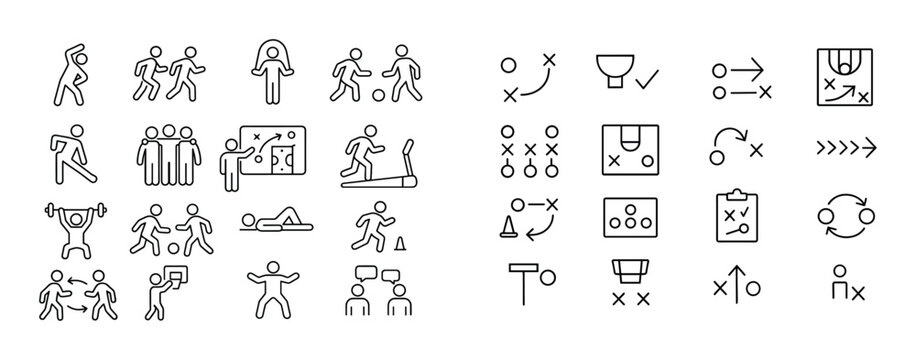 Fitness and coaching icons depicting exercise and tactics