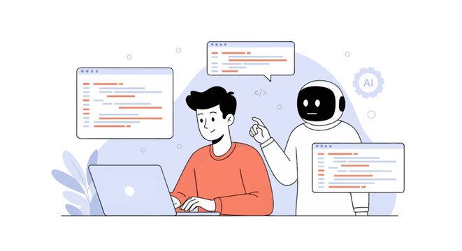 Flat vector illustration of a male software developer working on a laptop while an artificial intelligence robot assistant monitors floating windows containing source code.