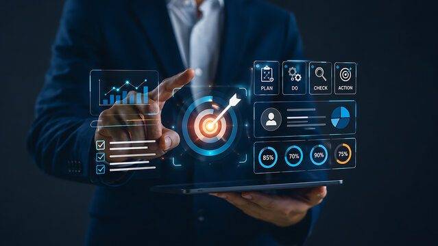 Business strategy and target achievement concept with digital interface showing goal tracking performance metrics and plan do check action cycle