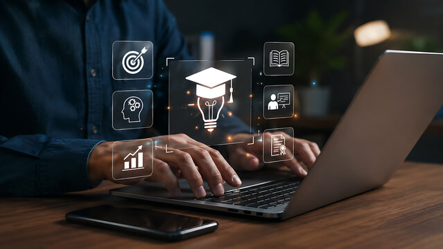 Online education and skill development concept with digital learning interface showing graduation cap and knowledge icons on laptop for modern e learning system