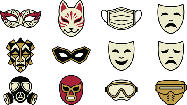 Mask and Face Covering Icon Collection Featuring Theater Masks, Fox Mask, Gas Mask, Wrestling, and Protective Costume Vector Designs