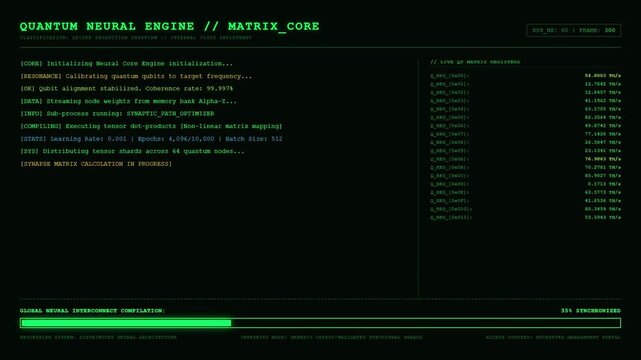 Quantum Neural Engine Matrix Core Displaying Synapse Matrix Calculation In Progress Progress Bar Green HUD UI Screen.