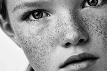 Fototapeta premium Close-up black and white portrait of a young person with prominent freckles and striking eyes.