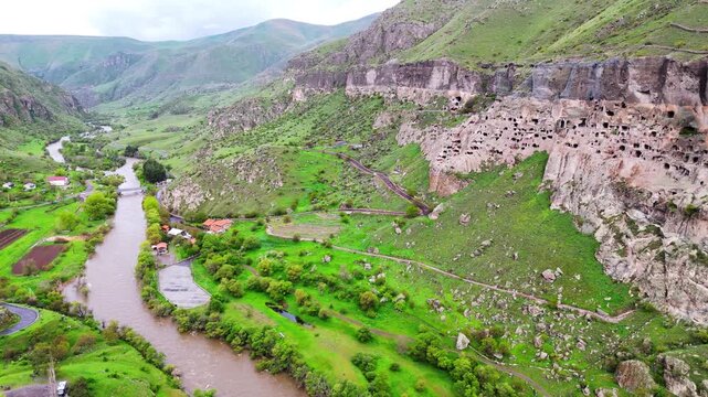 Vardzia cave monastery site in southern Georgia, excavated from the slopes of the Erusheti Mountain on the left bank of the Kura River