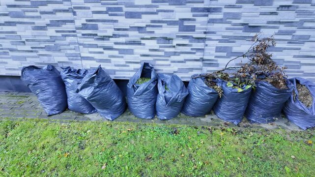 Orderly yard waste collection beside tiled wall captures calm autumn routine day