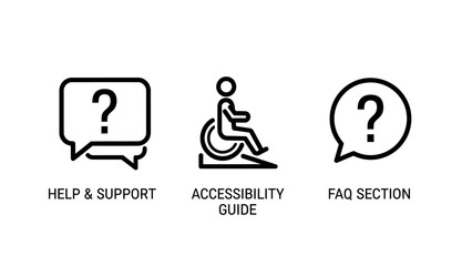 Fototapeta premium Help support accessibility guide and faq section icon set with accessibility question customer assistance business information communication disability inclusive navigation technical