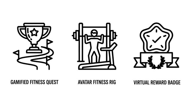 Gaming fitness icons showing gamified workout quest trophy achievement avatar training and digital reward badge with gamified achievement training exercise lifestyle application software
