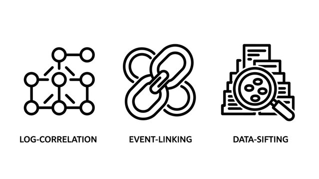 Data management and analysis icons featuring log correlation event linking and data sifting processes management analysis correlation information processing research magnifying connection
