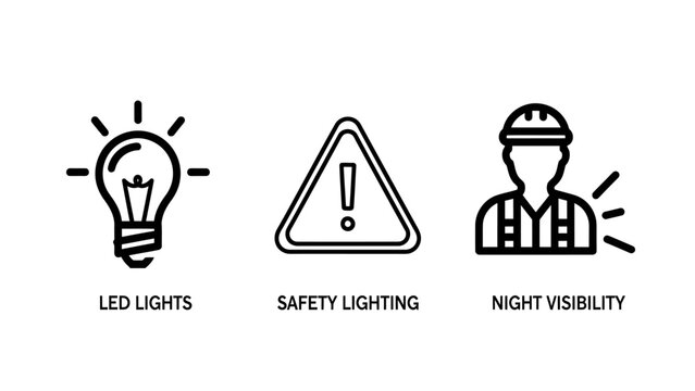 Industrial safety icons showing led lighting safety lighting and night visibility with lighting visibility industrial protection construction professional precaution equipment infrastructure