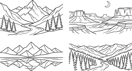 Mountain Landscape Outline Illustration Collection Featuring Rivers, Forests, Desert Canyons, and Scenic Nature Vector Line Art Designs © Priyanka