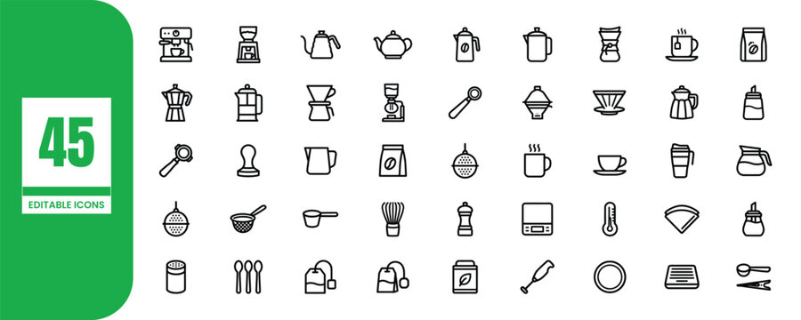 Editable coffee and tea icons set for designers and developers