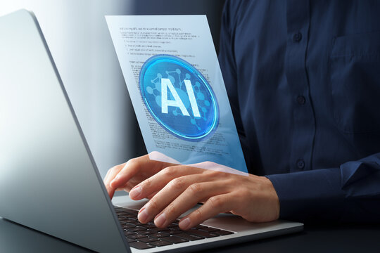 AI document creation and processing. Workflow automation tools. Businessman using automated software on laptop computer.